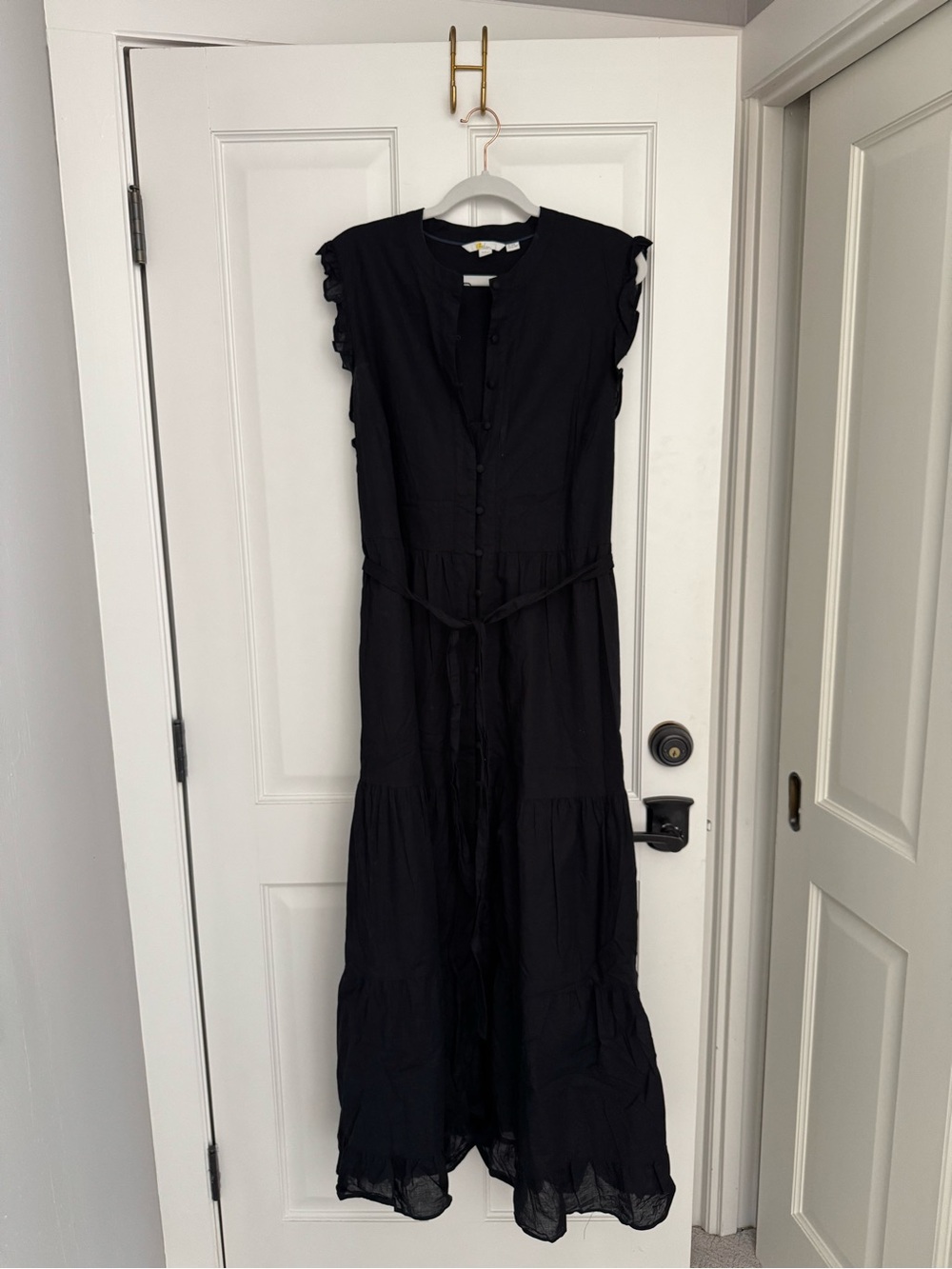 Boden Black Ruffle-Sleeve Button-Front Maxi Dress | Size 16/18R